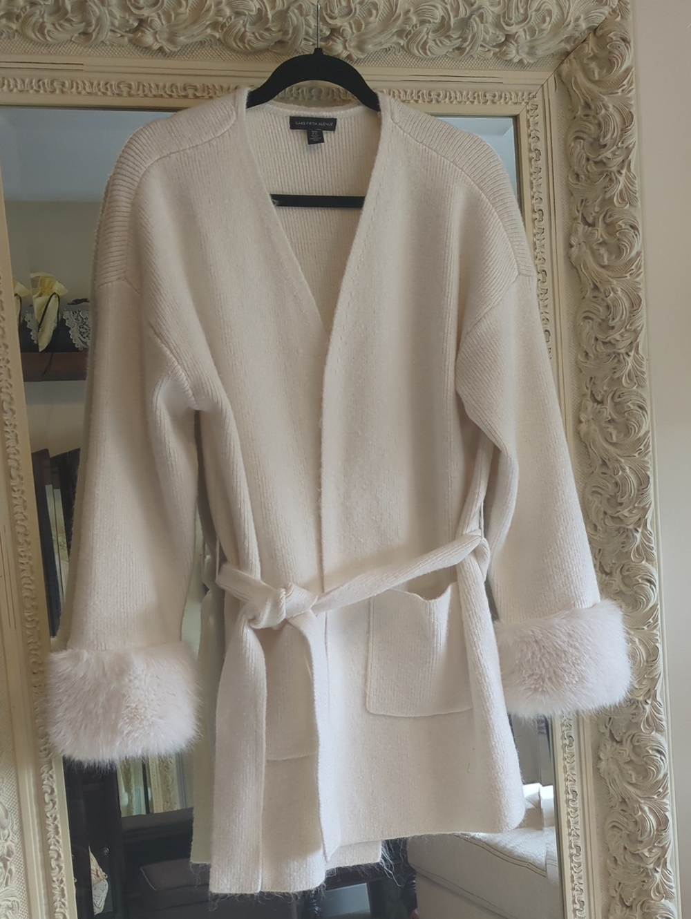 Saks Fifth Avenue Cream Knit Wrap Robe with Faux-Fur Cuffs